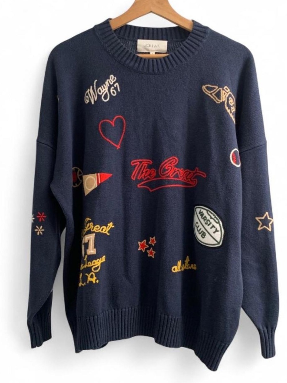 THE GREAT Embroidered oversize Crew Pullover Navy Blue Sweater Size 3(size large